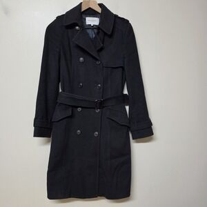 Eric Bompard Cashmere Trench Coat Women 36 Black Belted Double Breasted Luxury
